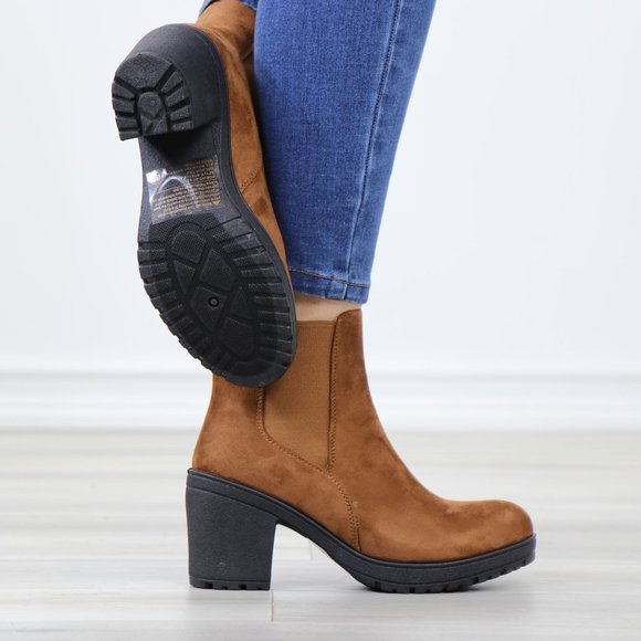 Chelsea Chunky Block High Heel Above Ankle Boots Brown Synthetic Suede - Picture 5 of 12
